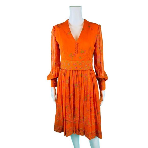 Vintage 1960s Cocktail Dress Orange Sheer Sleeves Hand Painted Floral Dolly - Picture 2 of 10